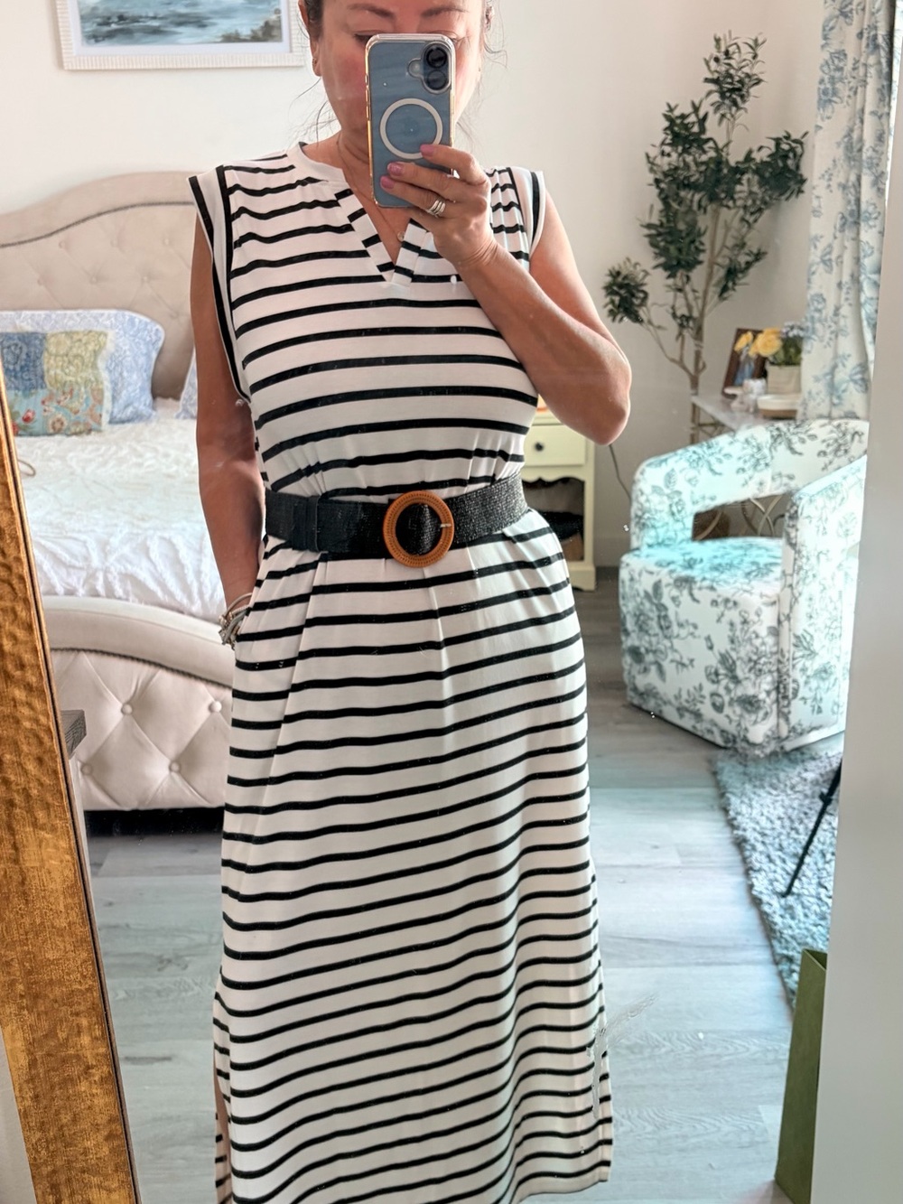 Amazon Black & White Striped Sleeveless Maxi Dress with Round-Buckle Belt